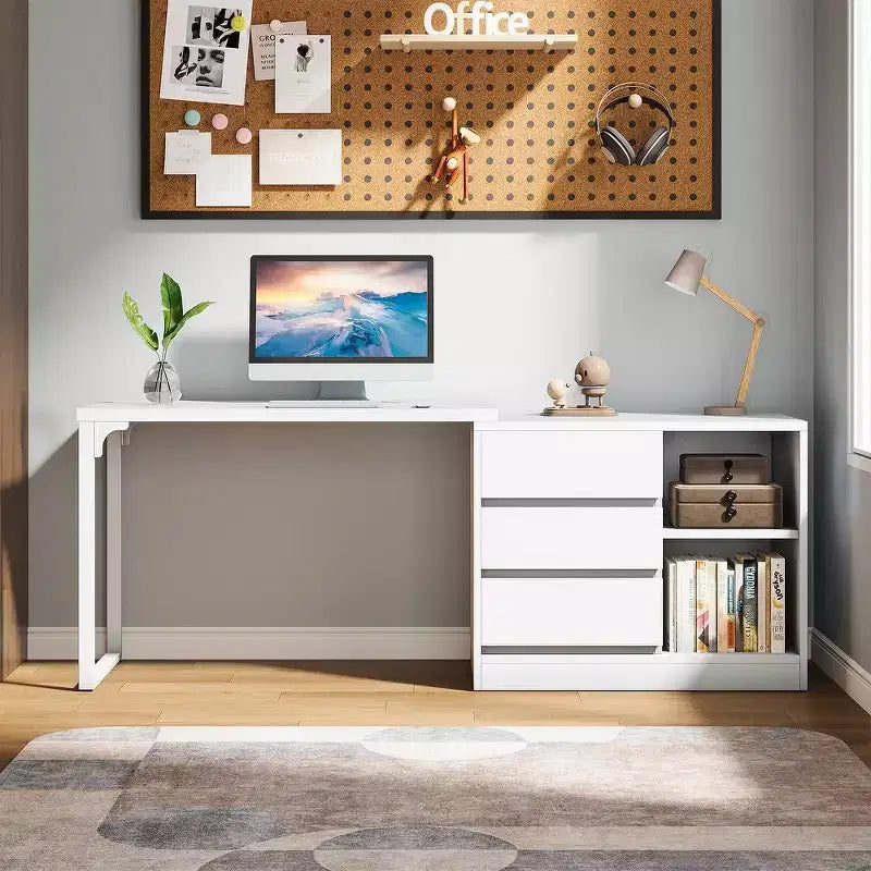 Bureau d'ordinateur d'angle Lantine avec tiroirs et étagères