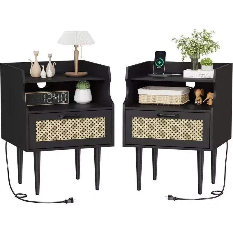 Rattan Nightstand Set of 2, Side Table with Charging Station, Drawer and 2 Open Storage Shelves for Bedroom, Dorm and Small Spaces