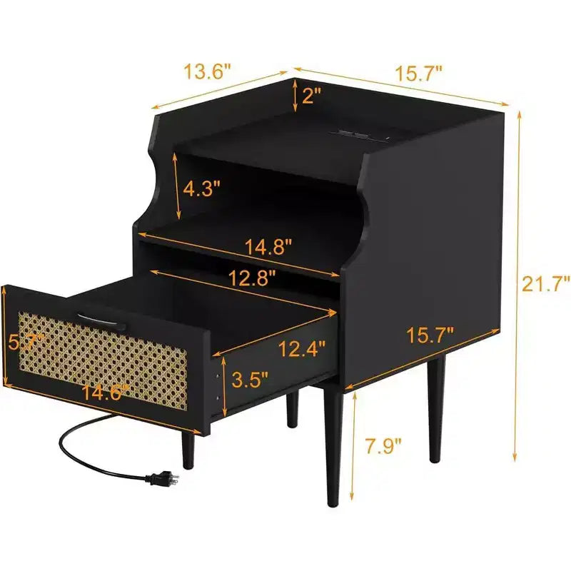 Tables de chevet en rotin (lot de 2), tables d'appoint avec station de recharge, tiroir et 2 étagères de rangement ouvertes pour chambre à coucher, dortoir et petits espaces