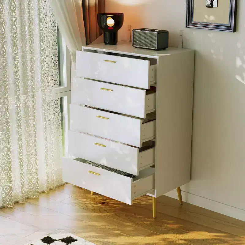 Famapy Commode Verticale Blanche 5 Tiroirs Grand Espace de Rangement Pieds de Meuble Hauts