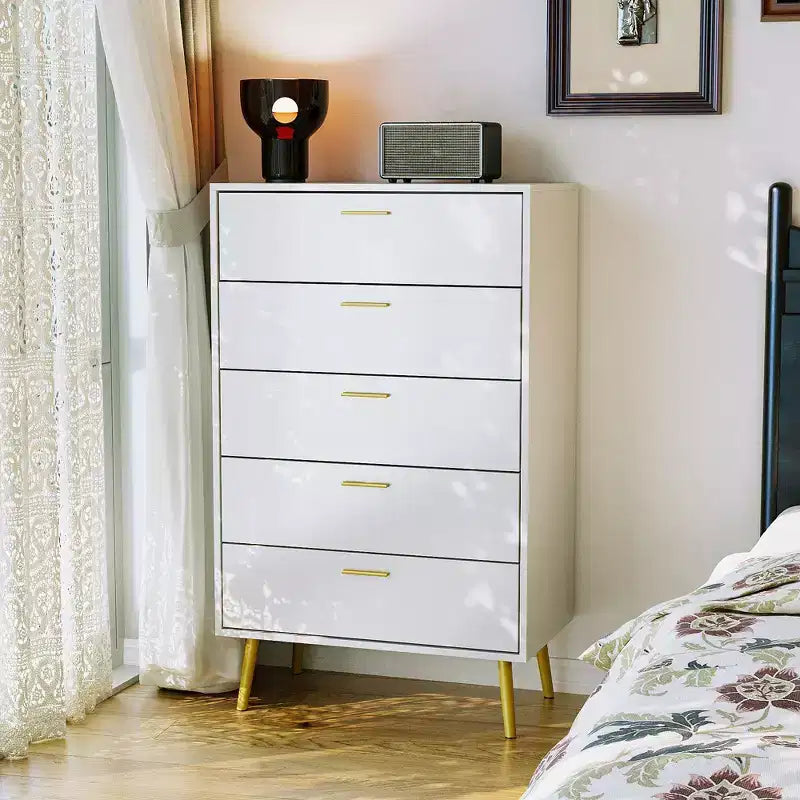 Famapy Commode Verticale Blanche 5 Tiroirs Grand Espace de Rangement Pieds de Meuble Hauts
