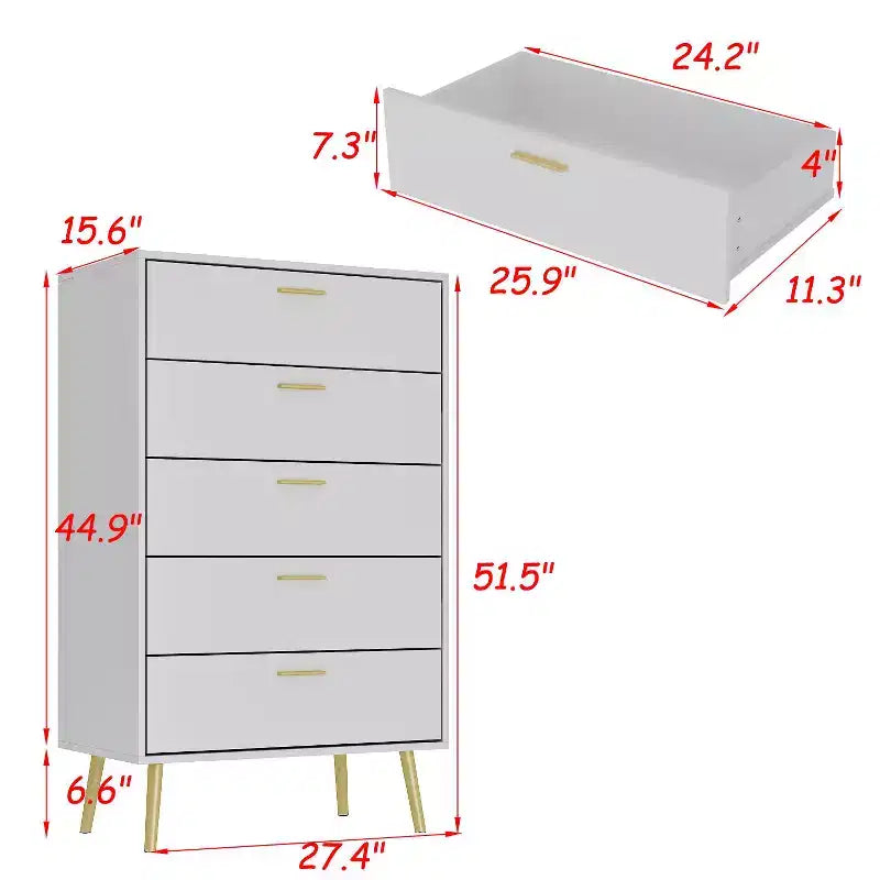 Famapy Commode Verticale Blanche 5 Tiroirs Grand Espace de Rangement Pieds de Meuble Hauts