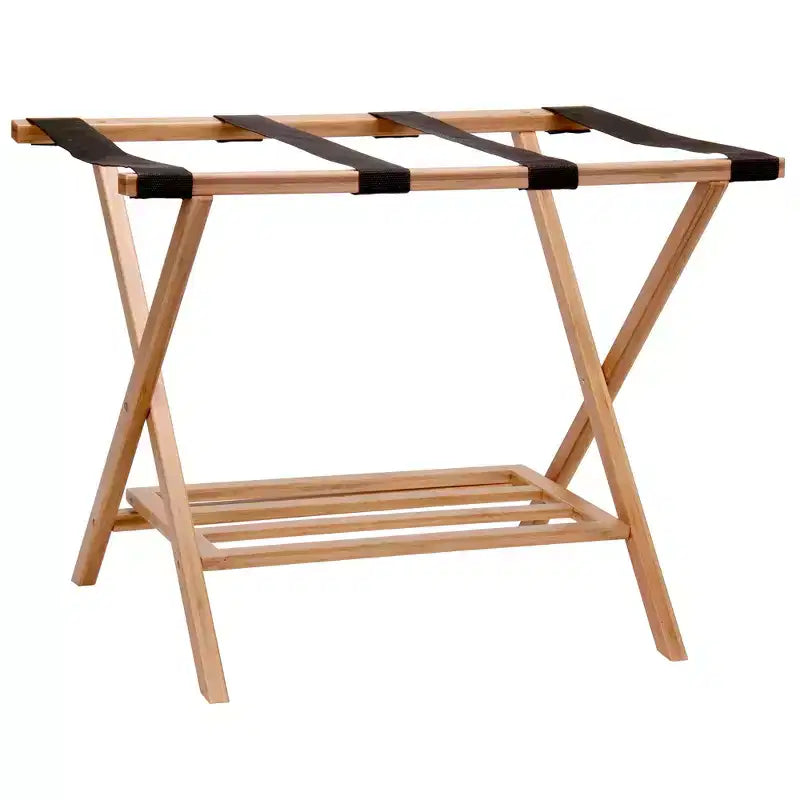Fully Assembled Folding Luggage Rack with Lower Storage Shelf | Bamboo Frame with Black Straps