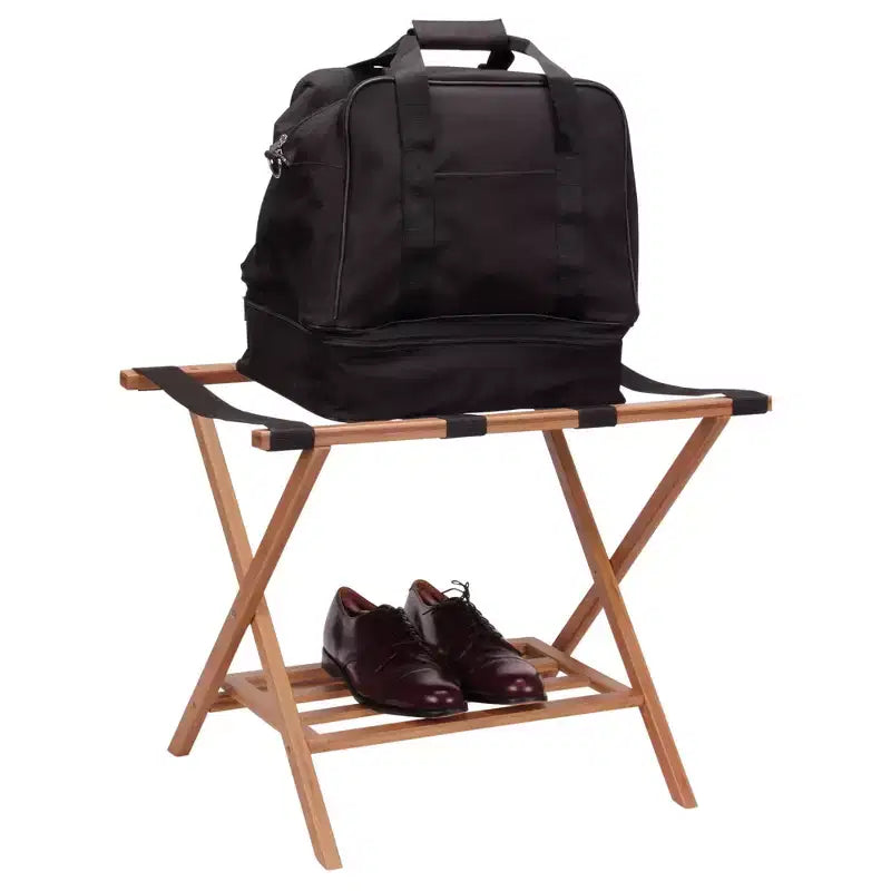 Porte-bagages pliant entièrement assemblé avec étagère de rangement inférieure | Cadre en bambou avec sangles noires